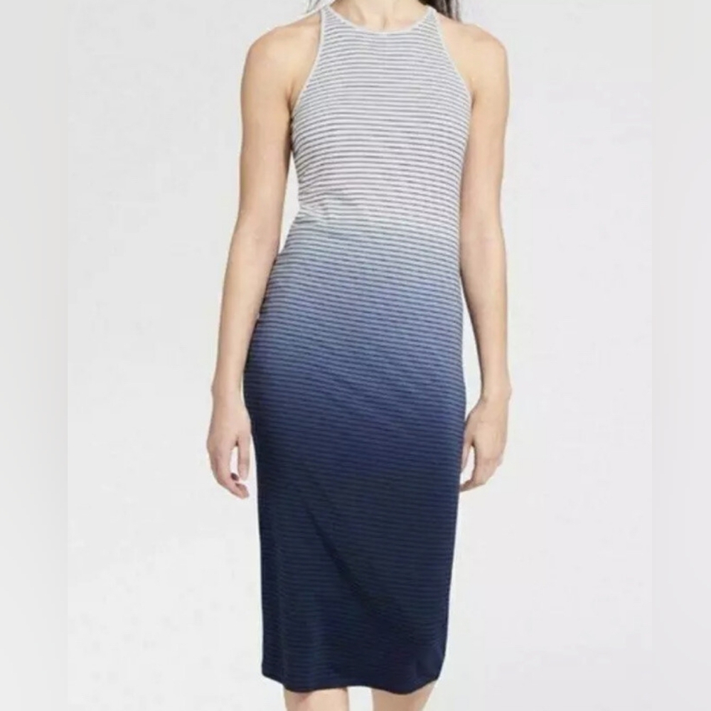 Athleta Blue and White Striped Midi Dress